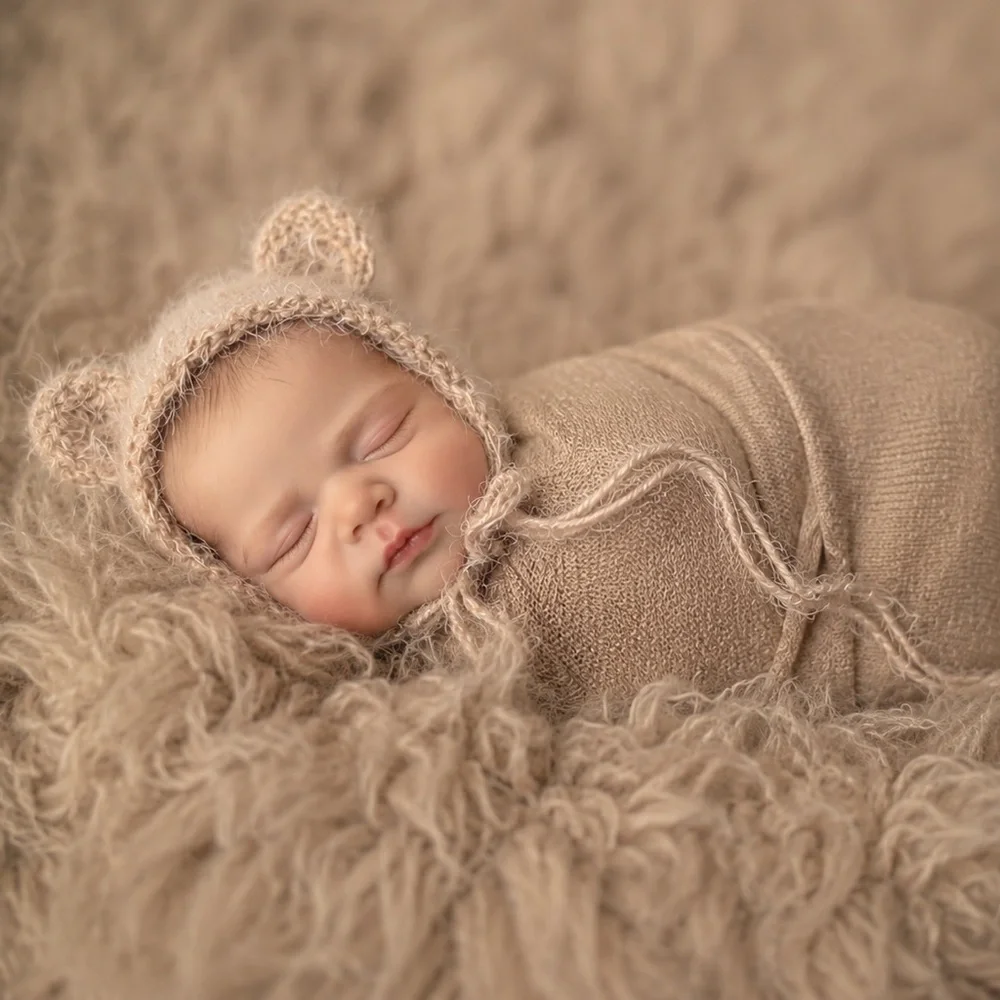 Hand knit bear ear baby bonnet photo prop